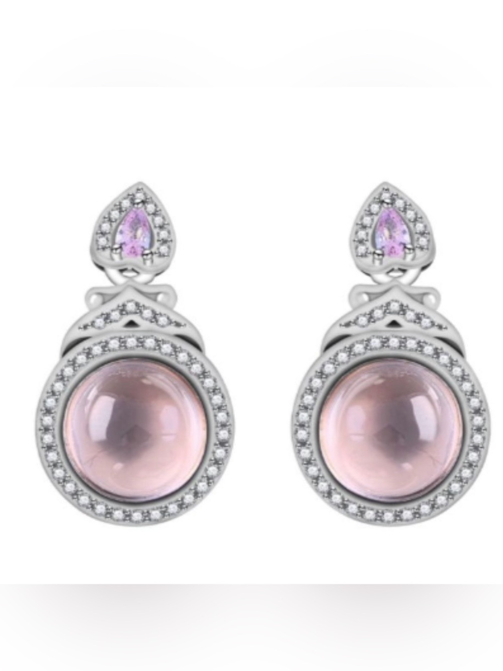 ERQ7 Genuine Premium 5CT Milky Rose Quartz Earrings Dangling 18K White Gold S925